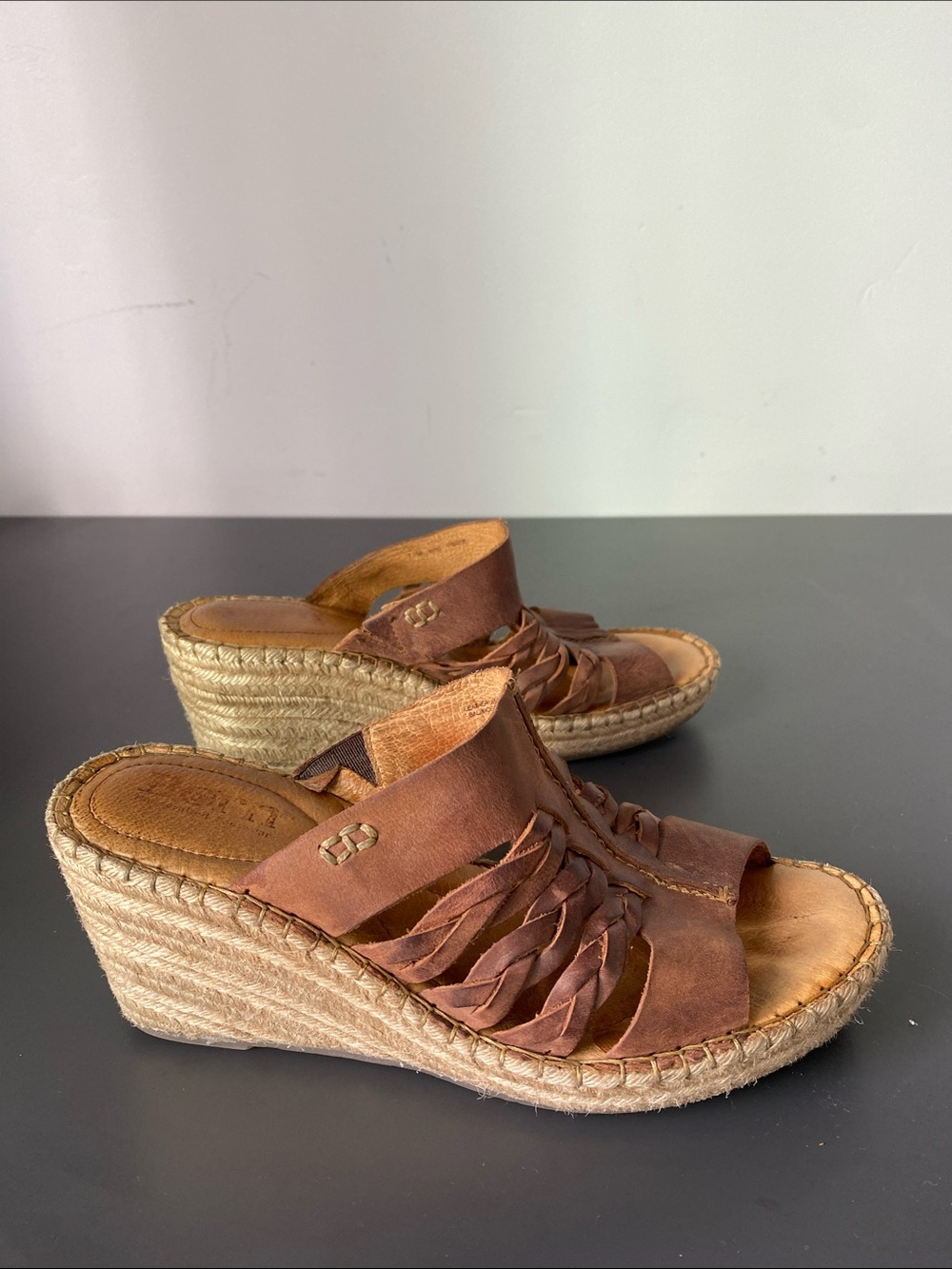 Born Brown Leather Woven Sandals Comfort Mule Sz 7 Espadrille Platform Boho Chic